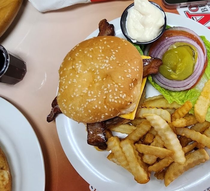 Angus bacon cheeseburger with crinkle-cut fries