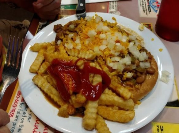 Chili cheese dog with crinkle fries