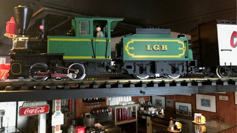 The miniature LGB steam locomotive that runs above the dining room